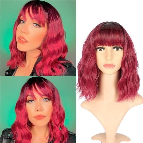 Ombre Color Natural Wavy Bob Wig With Air Bangs Short Bob Wigs Women's